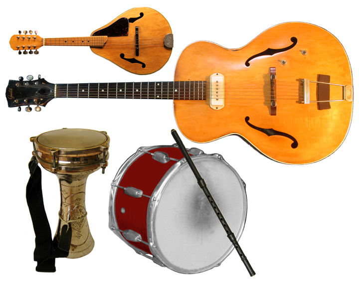 Still life of some of the instruments played by Jutta & the Hi-Dukes: Mandolin, Guitar, Darabuka, Tupan, Kaval.